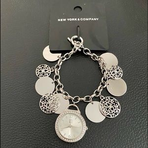 New NY & Co Silvertone Rhinestone Trim Watch Charm Bracelet